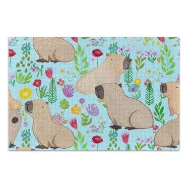 Imagem de Quebra-cabeça para adultos, 1000 peças, presentes engraçados, quebra-cabeça rígido, animal, arte colorida, capivaras fofas, flores coloridas, 75 x 40 cm