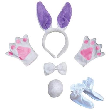 Imagem de Petitebella Tiara de orelha de coelho com laço e luvas de cauda, 5 peças, fantasia 1-5 anos (branco/roxo, tamanho único)