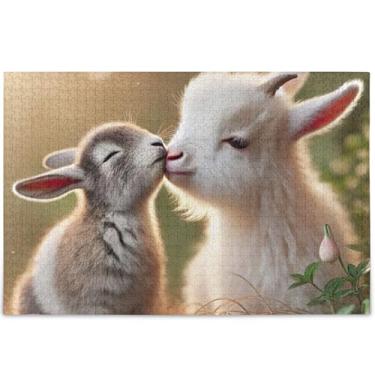 Imagem de Quebra-cabeça coelho cabra beijo animais 1000 quebra-cabeças para adultos presentes de festa elefante branco arte dura paisagem arte animal, 75 cm x 50 cm