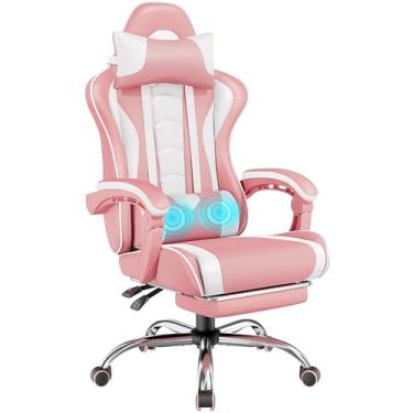 Imagem de Yaheetech Cadeira de jogos, cadeira de videogame com suporte lombar de massagem e apoio para os pés cadeira ergonômica ajustável para computador com assento giratório e encosto de cabeça, rosa/branco