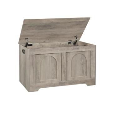 Imagem de DINZI LVJ Baú de armazenamento, caixa de brinquedos de madeira de 80 cm com 2 dobradiças de segurança, banco de armazenamento de entrada com flip-top, porta-malas de armazenamento resistente para sala