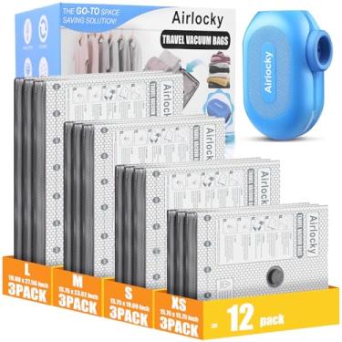 Imagem de Airlocky Sacos de armazenamento a vácuo de viagem com bomba, pacote com 12 sacos de compressão + bomba elétrica portátil, 80% de economia de espaço de roupas, sacos de vedação a vácuo para roupas e