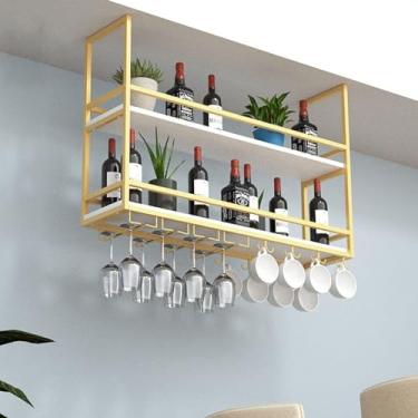 Imagem de Rack de teto para copos de vinho, rack de vinho suspenso com suporte de vidro e prateleira, barra de teto de metal, suporte de garrafa de vinho suspenso industrial de 2 camadas, prateleira flutuante