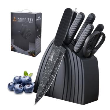 Imagem de Conjunto de facas de cozinha, conjunto de 8 facas com bloco e afiador, conjunto de facas afiadas de aço inoxidável, conjunto de facas para cozinha, casa, apartamento, dormitório, presentes para mães e