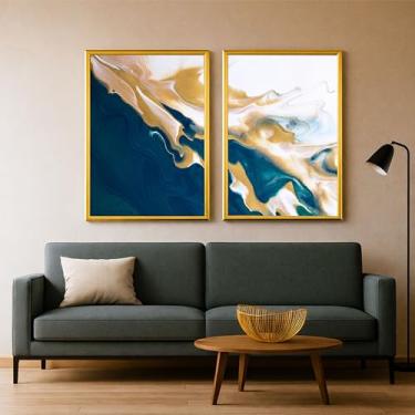 Imagem de Kit 2 Quadros Decorativos Abstratos Azul Líquido Luxo SalaQuarto Hall 80x60 (02, Dourado, 80x60)