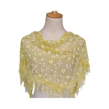 Imagem de Lenço Triangular Feminino 125x36cm Com Borlas, Bordado Floral Em Renda