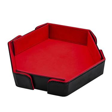 Imagem de SIQUK Bandeja magnética dobrável para dados, hexagonal, bandeja de dados de couro PU, suporte dobrável para dados, caixa de armazenamento para jogos de dados RPG D&D, vermelho