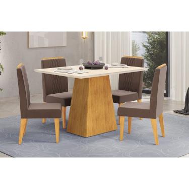 Imagem de Conjunto: Mesa Sala Jantar Dulce c/ Tampo Madeirado c/ Vidro Reto 120x90cm e 4 Cadeiras Lia Cedro/Off White - Suede Moca DJ Móveis