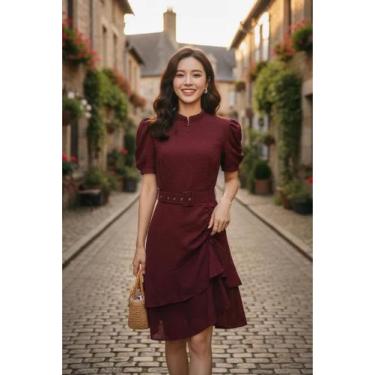 Imagem de Vestido feminino midi crepe pipoca - FIA MODAS, Marsala, G VESTE 40/42