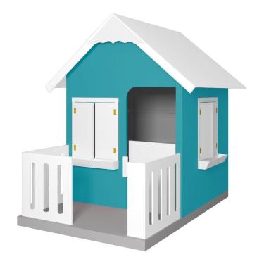 Imagem de Casinha de Brinquedo com Cercado e Floreiros L12 em MDF Turquesa e Branco com Varanda Gran Belo