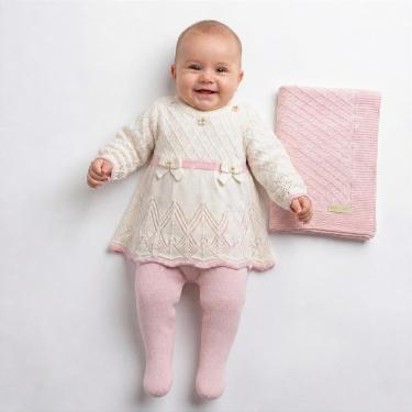Imagem de Kit Macacão Manta Tricô Kids Com Vestido Bordado Rosa Claro