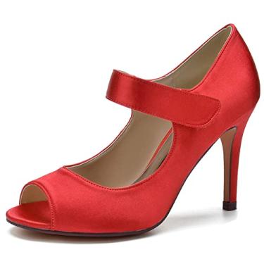 Imagem de Sapatos de noiva de cetim feminino, sapatos peep toe de salto agulha alto marfim 35-43,Red,2 UK/35 EU