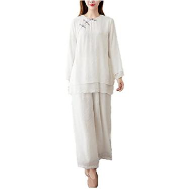 Imagem de Yajun Spring Tang Terno Feminino Chá Zen Roupas Retrô Estilo Chinês Tradicional Yoga Algodão Terno Duas Peças Kung Fu Uniforme, Branco, G (Busto: 104cm)