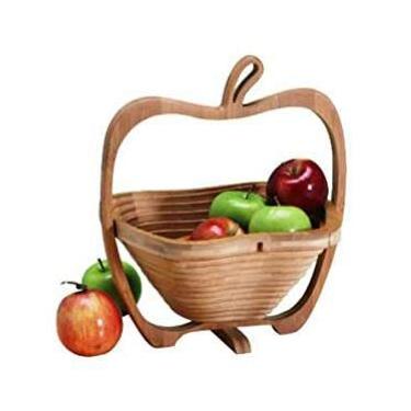 Imagem de cesta de frutas e ovos, 30 x 27 x 22,5 cm cesta porta-fruteiras dobrável de bambu e tábua de cortar fruteira de madeira com um desenho de maçã