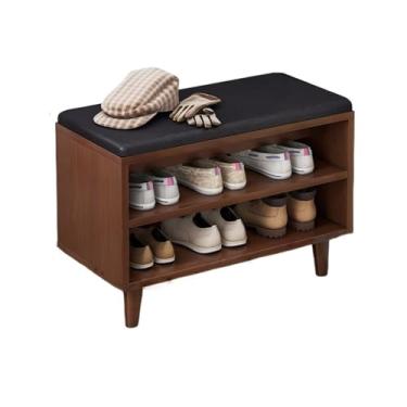 Imagem de Prateleira de sapatos banco para entrada com armazenamento de sapatos, banco de sapatos para porta da frente, assento acolchoado estofado, 3 níveis, sapateira de madeira maciça para entrada, entrada,