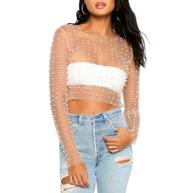 Imagem de Cioatin Blusa feminina brilhante de manga comprida com strass e pérola, com lantejoulas, top cropped com glitter, transparente, Nude., P