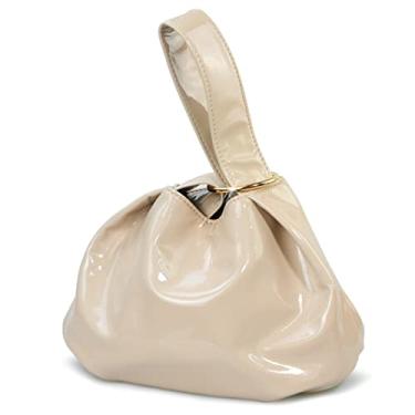 Imagem de Bolsa feminina de couro vegano envernizado brilhante Hobo com alça superior pequena, Nude., 9.4 inches in length, 6.3 inches in width, and 7.8 inches in height