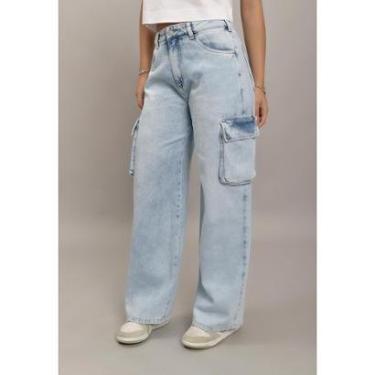 Imagem de Calça Cargo Feminina Wide Leg Jeans Clara Cintura Média-Feminino