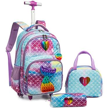 Imagem de Egchescebo Mochila Escolar Infantil com Rodinhas para Menino e Crianças Rodas Bolsa Mala Carrinho 17” 3PCS Lancheira Juvenil Estojo Costas Divertidamente Toy Brinquedos de Sereia Azul Claro