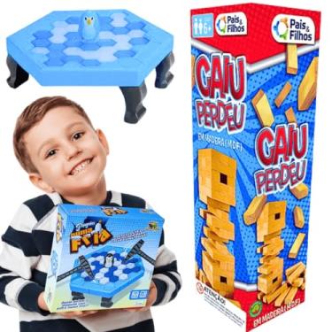 Imagem de Kit jogos educativos infantil pedagogicos Jogos de tabuleiro Caiu Perdeu Torre de blocos madeira mdf presente menino menina brinquedo criança 5 anos + Jogo Pinguim Numa Fria Quebra Gelo Art Brink