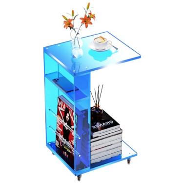 Imagem de Mesa lateral de acrílico transparente com rodas bloqueáveis, mesa de canto em forma de C para sofá, pequenas mesas de centro para espaços pequenos (azul)