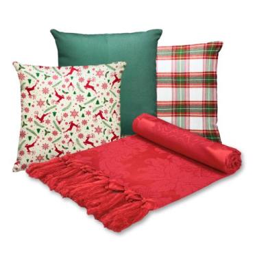 Imagem de Kit Manta Xale de Sofá Natalina com 3 Capas de Almofadas Decorativas d