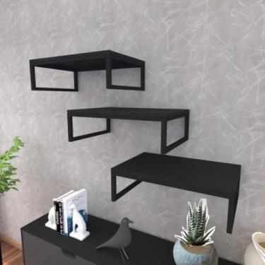 Imagem de Prateleira industrial suspensa estante parede nicho preto ferro e made