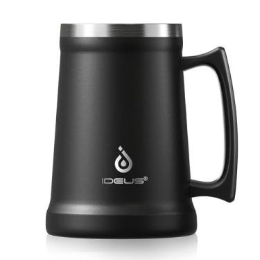 Imagem de Ideus Caneca de cerveja isolada, 24/32 onças aço inoxidável parede dupla caneca de cerveja gigante copo de cerveja de metal com alça grande (24 onças (710 ml), preto)