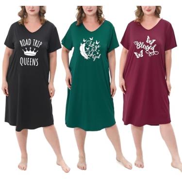 Imagem de FEREMO Pacote com 3 camisolas femininas plus size com estampa macia para dormir de manga curta, Conjunto 6, 1X