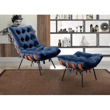 Imagem de Kit Poltrona Costela De Adão Kit E Pufe Base Fixa Em Aço E Madeira -Da