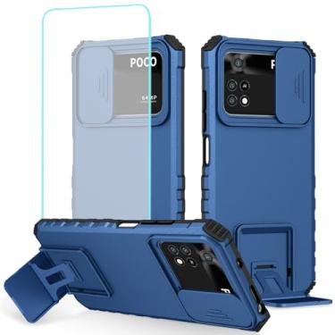 Imagem de Tothedu Capa para Poco X4 Pro 5G, capa 2201116PG com protetor de tela de vidro temperado e capa de câmera deslizante, capa protetora fina com suporte resistente para Xiaomi Poco X4 Pro 5G azul