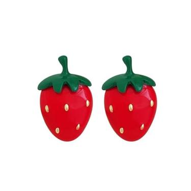 Imagem de Brincos de morango vermelho engraçados 3D com pingente de gota de morango, brincos de morango simulados de resina leve, joias de frutas acrílicas para mulheres, stud, Resina, Sem pedra preciosa