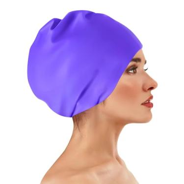 Imagem de Touca de natação roxa grande - bolsa longa inglesa, touca de natação de silicone extragrande, touca de natação de cabelo longo grande com espaço extra para mulheres e homens
