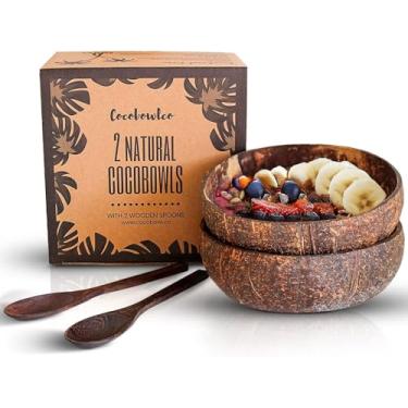 Imagem de COCOBOWLCO Conjunto de tigelas de coco com colheres de madeira – Tigelas de açaí ecológicas, tigelas de iogurte e tigela de smoothie – ideal para cremes ninja e café da manhã saudável (2, natural)