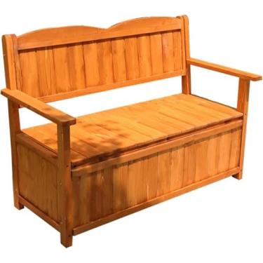 Imagem de Banco externo com armazenamento, caixa de deck de madeira, banco de pátio com encosto, banco de jardim com recipiente de 2 lugares, perfeito para ferramentas de jardim e brinquedos de piscina,
