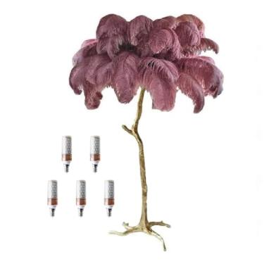 Imagem de Luminária de pé romântica moderna de penas para quarto, sala de estar, luminária de chão de penas de avestruz natural, corpo de lâmpada dourada, regulável com interruptor de pé