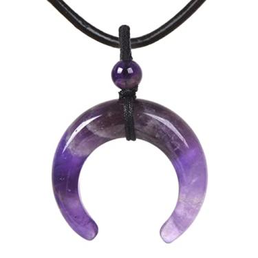 Imagem de Justinstones Colar de couro genuíno com pingente de reiki de chifre duplo em forma de lua crescente com pedra preciosa 45,7 cm, Pedra, Ametista