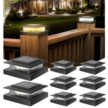 Imagem de APONUO Luzes solares com tampa de poste para postes de cerca 4 x 4, IP64 à prova d'água, LED para uso externo, deck, jardim, pátio, quintal, luzes com 2 modos, ligar/desligar automático, resistente às