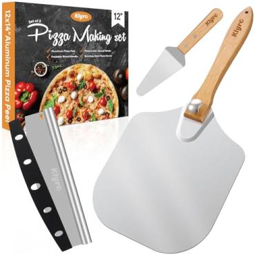 Imagem de KLYRO Conjunto de espátulas de pizza de alumínio para pizza, pá de pizza de metal de 30 x 35 cm com cabo de madeira dobrável, cortador de pizza Rocker, servidor de pizza, acessórios de forno de pizza