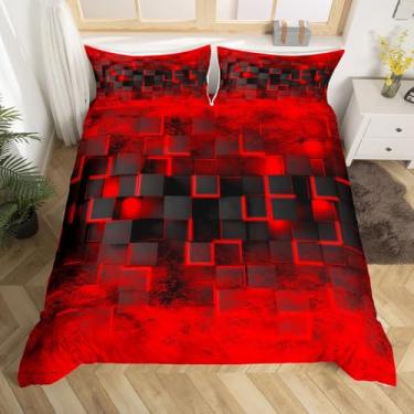 Imagem de Feelyou Conjunto de cama tamanho casal vermelho e preto, geométrico, colmeia, colmeia moderna, ombré, arte abstrata, decoração de quarto, sem edredom