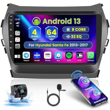 Imagem de Roinvou Atualização de rádio Android de 8 núcleos 4 + 64 G para Hyundai Santa Fe 2013-2017, tela sensível ao toque HD de 23 cm com carPlay sem fio para Android Navegação GPS automática WiFi, câmera de