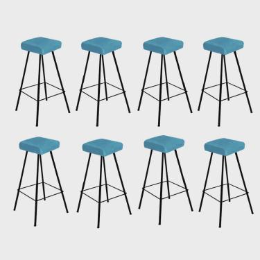 Imagem de Kit 08 Banqueta Alta Lira Eiffel Industrial Cozinha Bar Balcão Bistrô Ferro Preto Suede Azul Turquesa - Ahz Móveis