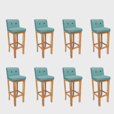 Imagem de Kit 08 Banqueta Alta Com Encosto Aila Balcão Bistrô Base Madeira Maciça Suede Azul Turquesa Botão Preto - Ahz Móveis