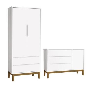 Imagem de Jogo de Quarto Infantil Guarda Roupa 2 Portas e Cômoda 1 Porta Classic com Pés Amadeirado - Reller Móveis Branco Fosco