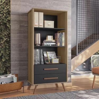 Imagem de Estante Livreiro Retrô 3955 2 Gav Com Pés De Madeira Maciça Qmovi Cor Preto Fosco / Carvalho Rústico