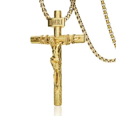 Imagem de ZENLUNANO Colar de cruz crucifixo para homens e mulheres com pingente de Jesus requintado banhado a ouro 18K e corrente dupla ajustável 40-76 cm, 0 Inch=No Chains, Banhado a ouro, Sem Pedra Preciosa