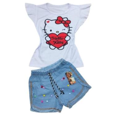 Imagem de Conjunto jeans feminino hello kitty. - MC MODA KIDS, G veste 6/8 anos.