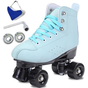 Imagem de SCNUT Skates Patins femininos masculinos de couro PU preto de cano alto clássicos patins de fileira dupla ajustáveis ao ar livre patins quadriciclos e derby de rolo (roda verde preta, 43 - feminino