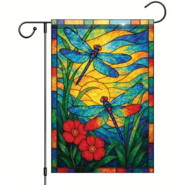 Imagem de Starlit Patio Bandeira de jardim de vidro manchado primavera verão libélula 30,5 x 45,7 cm vertical dupla face vibrante decoração ao ar livre para quintal gramado pátio bandeira de jardim para