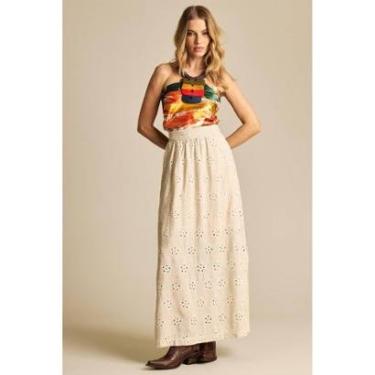 Imagem de Saia Longa De Linho Evasê Bege Bordada Yacamim I8-Feminino